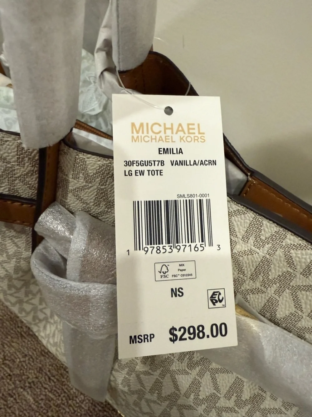 Michael Kors Emilia Large Center Zip Pocket Tote Bag, Purse, Vanilla/acorn - Picture 9 of 10